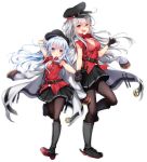  2girls black_footwear black_gloves black_legwear black_skirt blue_eyes boots cosplay full_body gangut_(kantai_collection) gangut_(kantai_collection)_(cosplay) gloves grey_hair hand_holding hat hibiki_(kantai_collection) jacket jacket_on_shoulders kantai_collection long_hair matching_outfit motohara_moka multiple_girls pantyhose peaked_cap pleated_skirt red_eyes red_shirt remodel_(kantai_collection) shirt short_sleeves silver_hair simple_background skirt standing verniy_(kantai_collection) white_background white_jacket 