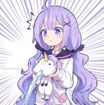  1girl ahoge alternate_costume alternate_hairstyle anchor_print azur_lane cardigan long_hair low_twintails phandit_thirathon purple_hair sailor_collar scrunchie solo stuffed_animal stuffed_toy surprised twintails unicorn unicorn_(azur_lane) violet_eyes water 