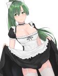  1girl apron bangs black_dress blush bow breasts choker cleavage dress dress_lift dutch_angle eyebrows_visible_through_hair fire_emblem fire_emblem:_rekka_no_ken frilled_apron frilled_choker frills garter_straps green_eyes green_hair hair_between_eyes hair_bow high_ponytail highres intelligent_systems j@ck large_breasts long_hair lyndis_(fire_emblem) maid nintendo ponytail puffy_short_sleeves puffy_sleeves short_sleeves simple_background solo thigh-highs very_long_hair white_apron white_background white_bow white_legwear 