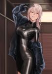 1girl arm_up bodysuit breasts coat cowboy_shot dirty_face hair_between_eyes highres indoors jewelry kilye_4421 latex long_hair long_sleeves looking_at_viewer medium_breasts necklace off_shoulder original parted_lips silver_hair skin_tight smile solo standing v violet_eyes 