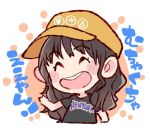  1girl :d ^_^ akb48 bangs baseball_cap black_hair black_shirt chibi closed_eyes closed_eyes clothes_writing commentary_request hand_up hat open_mouth real_life shirt short_sleeves smile solo t-shirt taneda_yuuta translation_request upper_body yabushita_shuu yellow_headwear 