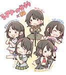  1girl :d ^_^ akb48 bangs black_hair black_jacket blue_shirt blush_stickers chibi clenched_hand closed_eyes closed_eyes commentary_request dress epaulettes green_neckwear green_skirt holding holding_microphone jacket jewelry long_hair microphone microphone_stand military military_uniform miniskirt mole mole_under_mouth multiple_views murayama_yuiri necklace necktie o_o open_mouth outstretched_arm pearl_necklace pleated_skirt real_life shirt short_sleeves skirt smile taneda_yuuta translation_request uniform white_dress 