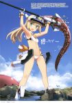  1girl absurdres armpits arms_up artist_name blonde_hair blue_sky character_request clouds copyright_request day eyebrows_visible_through_hair gloves green_eyes highres holding holding_spear holding_weapon long_hair looking_at_viewer navel open_mouth polearm ponytail shimada_fumikane sky solo spear standing tentacle water weapon white_gloves 