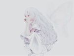  1girl bangs butterfly_wings dress expressionless grey_background head_rest long_hair original red_eyes shirone_(coxo_ii) short_sleeves simple_background solo squatting white_dress white_hair wings 