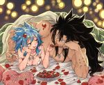  1boy 1girl :q bed_sheet black_hair blue_hair breasts brown_eyes cleavage couple fairy_tail food gajeel_redfox happy_valentine head_rest heart heart_pillow jewelry levy_mcgarden long_hair lying medium_breasts necklace nose_piercing off_shoulder on_back petals piercing pillow rusky sleeveless spiky_hair tongue tongue_out twitter_username under_covers upper_body 