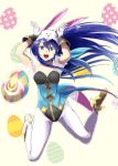  1girl animal_ears blue_eyes blue_hair bunny_pose bunnysuit easter_egg egg fire_emblem fire_emblem:_kakusei fire_emblem_heroes full_body gloves gold_footwear gzo1206 highres long_hair looking_at_viewer lucina nintendo open_mouth pantyhose patterned_background rabbit_ears shoes sleeveless smile solo white_gloves white_legwear 