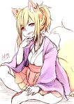 1girl animal_ears bangs blonde_hair chita_(ketchup) eyebrows_visible_through_hair fang fox_ears fox_girl fox_tail hair_between_eyes hand_up haori head_tilt japanese_clothes kimono long_hair long_sleeves open_mouth original pleated_skirt red_eyes red_skirt short_eyebrows sidelocks sitting sketch skirt solo tail thick_eyebrows thigh-highs white_background white_kimono wide_sleeves 