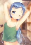  1girl armpits arms_behind_head arms_up bangs bare_shoulders blue_eyes blue_hair blush breasts camisole closed_mouth collarbone commentary_request eyebrows_visible_through_hair hair_between_eyes highres kantai_collection long_hair looking_at_viewer mae_(maesanpicture) navel one_eye_closed panties samidare_(kantai_collection) small_breasts smile solo sweatdrop underwear very_long_hair 