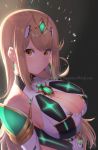  1girl arms_at_sides black_background blonde_hair bodysuit breasts brown_eyes cleavage commentary commentary_request earrings highres mythra_(xenoblade) jewelry large_breasts long_hair looking_at_viewer magister_(medical_whiskey) pout signature solo upper_body xenoblade_2:_ogon_no_kuri_ira 