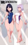  2girls absurdres aiuchi bangs bare_legs black_hair blue_eyes blue_swimsuit blush breasts closed_mouth commentary_request competition_swimsuit covered_navel eyebrows_visible_through_hair full_body highleg highres large_breasts lavender_hair long_hair medium_breasts multiple_girls one-piece_swimsuit red_eyes shinjou_akane shiny shiny_hair shiny_skin short_hair ssss.gridman standing straight_hair swimsuit takarada_rikka thighs white_swimsuit zoom_layer 