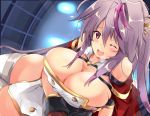  1girl azur_lane blush breasts cleavage collarbone commentary_request grenville_(azur_lane) hair_between_eyes heavy_breathing highres jacket long_hair looking_at_viewer one_eye_closed open_mouth orange_eyes purple_hair side_ponytail solo thighs tonchinkan 