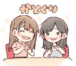  2girls :d ^_^ akb48 bangs black_eyes black_hair brown_hair chair chibi closed_eyes closed_eyes commentary_request finger_frame grey_shirt katou_rena long_hair mole mole_under_mouth multiple_girls oguri_yui open_mouth pink_shirt real_life shirt short_sleeves smile taneda_yuuta 