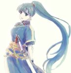  1girl earrings fire_emblem fire_emblem:_rekka_no_ken gloves green_eyes green_hair high_ponytail jewelry long_hair looking_at_viewer lyndis_(fire_emblem) nintendo okuo_aburami pelvic_curtain ponytail side_slit simple_background smile solo sword weapon 