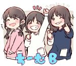  &gt;_&lt; +++ 3girls :d ^_^ akb48 arm_up black_eyes black_hair blue_shirt braid chibi clenched_hand closed_eyes closed_eyes commentary_request grin katou_rena kizaki_yuria long_hair mole mole_under_eye mole_under_mouth multiple_girls notice_lines one_eye_closed ooshima_ryouka open_mouth pink_shirt pocket real_life shirt short_hair smile sparkle taneda_yuuta thumbs_up twin_braids upper_body white_shirt 