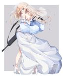  1girl alternate_costume anklet assault_rifle bangs bare_shoulders blonde_hair blue_eyes blush braid breasts bridal_veil choker dress earrings eyebrows_visible_through_hair feather_boa floating_hair from_behind full_body g36_(girls_frontline) girls_frontline gun h&amp;k_g36 hair_between_eyes hair_ornament high_heels highres holding holding_gun holding_weapon jewelry long_hair looking_at_viewer medium_breasts off-shoulder_dress off_shoulder outside_border petals rifle shoulder_blades sidelocks simple_background smile solo tai_san_ps4 veil very_long_hair weapon wedding_dress white_dress white_footwear 