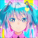  1girl black_border blue_background blue_eyes blue_hair border close-up collared_shirt eyebrows_visible_through_hair face hair_between_eyes hakusai_(tiahszld) happy hatsune_miku heart heart-shaped_pupils long_hair looking_at_viewer multicolored multicolored_background multicolored_hair pink_background pink_hair pink_shirt shirt smile solo symbol-shaped_pupils twintails two-tone_hair vocaloid yellow_background 