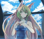  1girl ahoge animal_ears atalanta_(fate) bangs blush breasts cat_ears closed_mouth clouds collarbone day eyebrows_visible_through_hair fate/apocrypha fate/grand_order fate_(series) gradient_hair green_eyes green_hair hair_between_eyes long_hair medium_breasts multicolored_hair nahu one-piece_swimsuit outdoors sky solo swimsuit two-tone_hair 