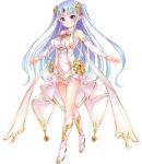  1girl arm_warmers bare_shoulders blue_hair blush breasts cleavage dress full_body hair_ornament jewel_princess long_hair looking_at_viewer medium_breasts official_art pointy_ears smile solo standing two_side_up very_long_hair violet_eyes white_dress white_footwear 