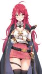  1girl :q ahoge belt cape coin epic7 highres holding_coin kaetzchen long_hair looking_at_viewer redhead sword thigh-highs thigh_strap tongue tongue_out weapon yellow_eyes 