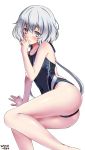  1girl alternate_costume arm_support ass bangs bare_legs bare_shoulders barefoot blush breasts closed_mouth commentary_request competition_swimsuit covered_navel eyebrows_visible_through_hair grey_eyes hair_between_eyes hand_on_own_face highres konno_junko long_hair looking_at_viewer low_twintails multicolored multicolored_clothes one-piece_swimsuit pale_skin silver_hair simple_background sitting skindentation small_breasts solo swimsuit tsuchimiya tsurime twintails white_background yokozuwari zombie_land_saga 