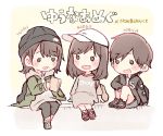  3girls :d akb48 backpack bag baseball_cap beanie black_eyes black_hair black_headwear black_jacket black_legwear blush brown_hair chibi dress green_jacket grey_dress grey_hoodie hat holding hood hood_down jacket knees_up leggings long_hair looking_at_another mole mole_under_mouth multiple_girls murayama_yuiri new_balance okada_nana open_mouth real_life shoes short_hair sitting sitting_on_wall smile sneakers taneda_yuuta taniguchi_megu v-shaped_eyebrows white_headwear 