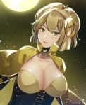  1girl absurdres anotherxalice breasts brown_hair cape cleavage full_moon green_eyes hair_ornament highres large_breasts looking_at_viewer medium_hair moon nyasunyadoora solo upper_body yellow_cape 