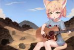  1girl :3 animal_ears blonde_hair blue_sky blush breasts cat_ears character_request collarbone day eyebrows_visible_through_hair fang guitar instrument kemono_friends looking_at_viewer multicolored_hair music nyifu outdoors parted_lips pink_hair playing_instrument plectrum sand sand_cat_(kemono_friends) short_sleeves sitting sky small_breasts smile solo tail two-tone_hair yellow_eyes 