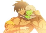  1girl 2boys :d ^_^ arms_around_neck black_eyes black_hair broly_(dragon_ball_super) cheelai closed_eyes closed_eyes commentary_request dragon_ball dragon_ball_super_broly gloves hand_on_another&#039;s_shoulder hat hug korean_commentary lemo_(dragon_ball) libeuo_(liveolivel) looking_at_another multiple_boys muscle open_mouth scar shaded_face shirtless short_hair simple_background smile sunlight upper_body white_background white_gloves white_hair wristband 