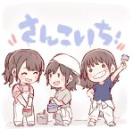  3girls :d ^_^ akb48 arm_up backwards_hat bangs baseball_cap black_hair blue_shirt blush_stickers chibi closed_eyes closed_eyes commentary_request grey_shirt grin hand_on_hip hat holding jumpsuit_around_waist katou_rena kizaki_yuria long_hair looking_at_another looking_at_viewer multiple_girls o_o ooshima_ryouka open_mouth overalls paint_can paintbrush pink_shirt real_life shirt short_hair short_sleeves sidelocks sleeves_pushed_up smile standing taneda_yuuta v-shaped_eyebrows white_overalls 