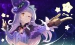  1girl breasts capelet crop_top finger_gun gloves hair_bun hair_ornament hat hololive long_hair looking_at_viewer murasaki_shion night one_eye_closed portrait ribbon silver_hair sky small_breasts smug solo star star_(sky) starry_sky tokumaro upper_body virtual_youtuber witch_hat yellow_eyes 