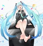 1girl amplifier aqua_hair bare_legs bare_shoulders barefoot breasts closed_eyes commentary_request eiji_(eiji) feet hatsune_miku long_hair medium_breasts miniskirt music musical_note necktie open_mouth singing sitting skirt soles solo toes twintails very_long_hair vocaloid wings zipper 