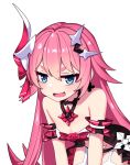  1girl bare_shoulders blue_eyes breasts character_request child_(isoliya) cleavage commentary_request fang hair_between_eyes hair_ornament hair_ribbon hairclip honkai_(series) honkai_impact_3 jewelry leaning_forward looking_at_viewer necklace open_mouth pink_hair pink_ribbon ribbon small_breasts smile 