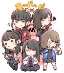  &gt;:( 5girls ^_^ akb48 bangs black_gloves black_hair black_legwear black_neckwear black_serafuku black_shirt black_skirt blue_gloves blue_jacket blush_stickers brown_hair chibi clenched_hands closed_eyes closed_eyes commentary_request fingerless_gloves gloves half_updo hands_together iriyama_anna jacket kawaei_rina kizaki_yuria kneehighs long_hair looking_at_viewer majisuka_gakuen multiple_girls neckerchief pink_jacket pleated_skirt purple_jacket red_jacket red_neckwear school_uniform serafuku shimazaki_haruka shirt sidelocks sitting skirt smile sparkle squiggle taneda_yuuta wavy_mouth yokoyama_yui 