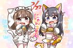  2girls :d alternate_costume animal_ears animal_hood azusagawa_kaede bell bell_collar black_hair blue_collar blue_eyes blush bow brown_eyes brown_hair brown_skirt bunny_hair_ornament cat_day cat_ears cat_girl cat_hood cat_tail collar crop_top dated fang fur-trimmed_gloves fur_collar fur_trim gloves hair_ornament hairclip hands_up highres hood hood_up jako_(jakoo21) jingle_bell kemonomimi_mode long_hair midriff multiple_girls open_mouth paw_gloves paws pink_bow sakurajima_mai seishun_buta_yarou short_jumpsuit skirt smile tail tail_raised thigh-highs translation_request very_long_hair white_jumpsuit white_legwear 