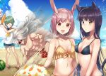  1boy 3girls abs absurdres animal_ears anotherxalice ball barefoot beach beachball bikini black_bikini black_hair blue_eyes breasts cat_ears cat_tail clenched_hand clouds corn facing_viewer food fruit green_eyes green_hair grey_hair heterochromia highres holding holding_tray long_hair looking_at_another looking_at_viewer medium_hair multiple_girls muscle navel nyasunyadoora ocean one_eye_closed outdoors parfait pink_eyes pink_hair rabbit_ears sand shirt short_hair shorts sky sleeveless small_breasts smile swimsuit tail tray watermelon white_shirt yellow_bikini yellow_eyes 