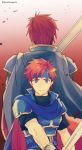  2boys absurdres armor blue_eyes cape eliwood_(fire_emblem) father_and_son fire_emblem fire_emblem:_fuuin_no_tsurugi fire_emblem:_rekka_no_ken fire_emblem_heroes gloves headband highres looking_at_viewer male_focus multiple_boys nintendo nishimura_(nianiamu) redhead roy_(fire_emblem) short_hair simple_background smile weapon 