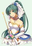  1girl bare_shoulders bouquet bride dress fire_emblem fire_emblem:_rekka_no_ken fire_emblem_heroes flower gloves green_eyes green_hair hair_flower hair_ornament high_ponytail intelligent_systems long_hair looking_at_viewer lyndis_(fire_emblem) nintendo ponytail simple_background smile solo strapless strapless_dress super_smash_bros. wedding wedding_dress white_dress white_gloves wusagi2 