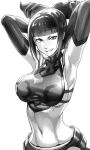  1girl armpits arms_behind_head arms_up bangs blunt_bangs breasts chinese_clothes drill_hair dudou evil_smile greyscale halter_top halterneck han_juri looking_at_viewer monochrome navel simple_background smile solo street_fighter street_fighter_iv_(series) tktr33 twin_drills upper_body white_background 