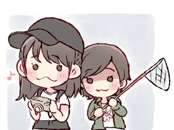  2girls :3 akb48 bangs baseball_cap black_eyes black_hair black_headwear blush_stickers butterfly_net camera commentary_request green_jacket grey_background hand_net hat holding holding_camera jacket kojima_mako long_hair long_sleeves multiple_girls musical_note nmb48 o_o real_life shaded_face shirt short_hair short_sleeves sutou_ririka taneda_yuuta upper_body white_shirt 