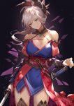  1girl blue_eyes blue_kimono breasts cleavage cowboy_shot fate/grand_order fate_(series) hair_ornament head_tilt highres japanese_clothes kakage katana kimono large_breasts leaf_print light_particles long_hair magatama_necklace maple_leaf_print miyamoto_musashi_(fate/grand_order) obi pink_hair ponytail sash scabbard sheath smile solo sword unsheathed weapon 