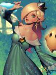  1girl bare_shoulders bellhenge blonde_hair blue_eyes breasts cleavage crown dress earrings hair_over_one_eye jewelry lips long_hair looking_at_viewer super_mario_bros. nintendo open_mouth rosalina simple_background smile solo star star_earrings super_mario_galaxy super_smash_bros. wand 
