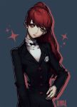  1girl black_jacket blazer bow brown_eyes closed_mouth hair_bow jacket kuzudon long_hair looking_at_viewer persona persona_5 persona_5_the_royal ponytail red_bow redhead shuujin_academy_uniform simple_background solo twitter_username upper_body 
