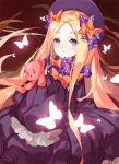  1girl abigail_williams_(fate/grand_order) blue_eyes bow dress erlge fate/grand_order fate_(series) hair_bow hat highres holding holding_stuffed_animal looking_at_viewer multiple_hair_bows orange_bow polka_dot polka_dot_bow purple_bow purple_dress purple_headwear shiny shiny_hair sleeves_past_wrists solo stuffed_animal stuffed_toy teddy_bear 