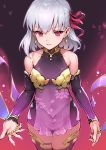  1girl bare_shoulders breasts collarbone commentary_request cowboy_shot detached_sleeves dress eyebrows_visible_through_hair fate/grand_order fate_(series) from_above hair_ornament hair_ribbon haoni highres kama_(fate/grand_order) looking_at_viewer medium_breasts purple_dress purple_sleeves red_eyes red_ribbon ribbon short_dress short_hair sleeveless sleeveless_dress smile solo white_hair 