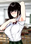  1girl arm_behind_head arm_up armpits blurry blurry_background blush breasts buttons classroom colorized gentsuki highres large_breasts long_hair looking_at_viewer mole mole_under_eye original shirt shirt_tucked_in short_sleeves skirt solo upper_body 