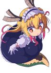 1girl \||/ absurdres bangs breasts brown_horns chibi colored_eyelashes cool-kyou_shinja dragon_girl dragon_horns dragon_tail eyebrows_visible_through_hair full_body gloves gradient_hair green_scales hair_between_eyes highres horns kobayashi-san_chi_no_maidragon large_tail leaning_forward legs_together long_hair looking_at_viewer maid_headdress multicolored multicolored_eyes multicolored_hair orange_eyes orange_hair parted_hair pink_hair raised_eyebrows red_eyes red_neckwear scales simple_background sketch_eyebrows slit_pupils solo tail tooru_(maidragon) twintails white_background white_gloves wide-eyed