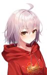  1girl ahoge blush eyebrows_visible_through_hair face fate/grand_order fate_(series) frown hair_between_eyes highres hood hoodie jeanne_d&#039;arc_(alter)_(fate) jeanne_d&#039;arc_(fate)_(all) looking_at_viewer minin982 red_hoodie short_hair silver_hair simple_background solo white_background white_hair yellow_eyes 