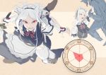  1girl animal_ears bangs clenched_teeth dress holding holding_sword holding_weapon long_hair looking_at_viewer maid_headdress monster open_mouth original parted_bangs red_eyes slit_pupils sword teeth torn_clothes torn_legwear walzrj weapon white_hair white_legwear 