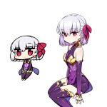  1girl albino breasts chan_co chibi dress earrings fate/grand_order fate_(series) gold hair_ribbon jewelry kama_(fate/grand_order) kneehighs leggings looking_at_viewer pantyhose purple_dress red_eyes ribbon solo thigh-highs white_hair 