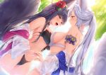  2girls animal_ears arm_garter bangs bare_shoulders bell bikini black_bikini black_hair blue_eyes blue_sky blush breast_press breasts choker closed_mouth clouds commentary_request day dutch_angle erune fang flower fox_ears fox_tail granblue_fantasy hair_bell hair_flower hair_ornament hand_holding highres interlocked_fingers jiiwara jingle_bell large_breasts light_particles long_hair multiple_girls off_shoulder open_mouth outdoors ponytail red_eyes silver_hair sky smile socie_(granblue_fantasy) standing swimsuit symmetrical_docking tail very_long_hair wet wet_clothes white_bikini yuel_(granblue_fantasy) 